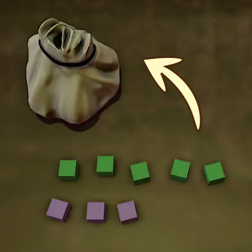 Black cloth bag containing colored cubes for battle resolution